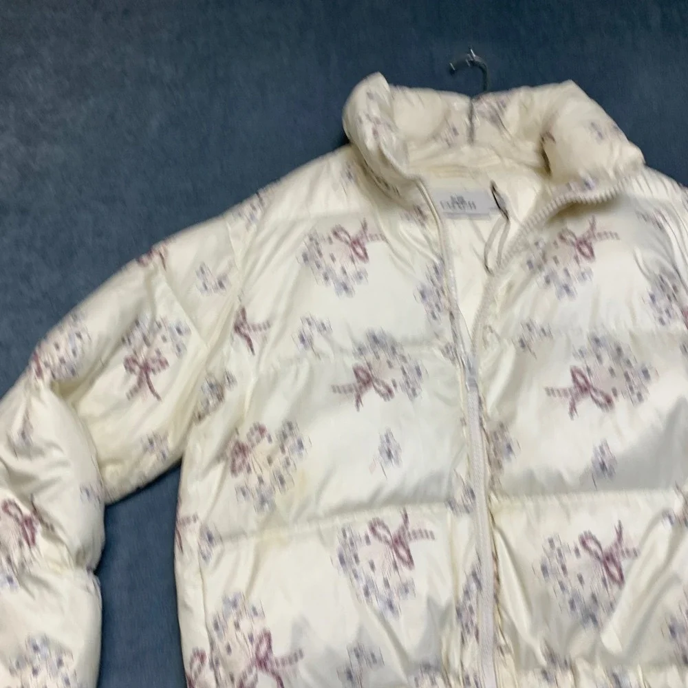 Coach Puffer Jacket Womens Large Cream Floral Print Long Sleeve Winter Full Zip